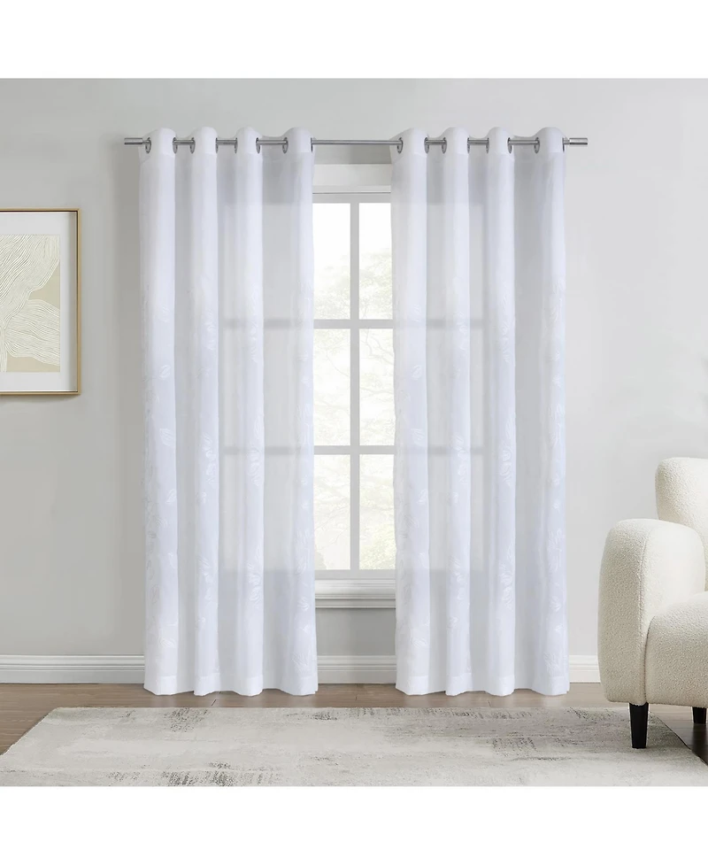 Habitat 100% Polyester Selina Sheer Grommet Leaf Embroidered Curtain Panel 52" x 95" White