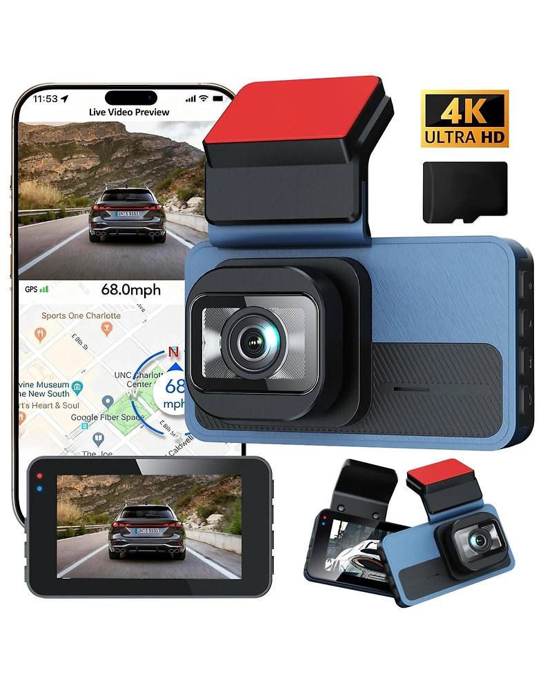 4K Front and 1080P Rear Dash Cam – Dual Car Camera with Wi-Fi, Gps Tracking, Night Vision & 128GB Card