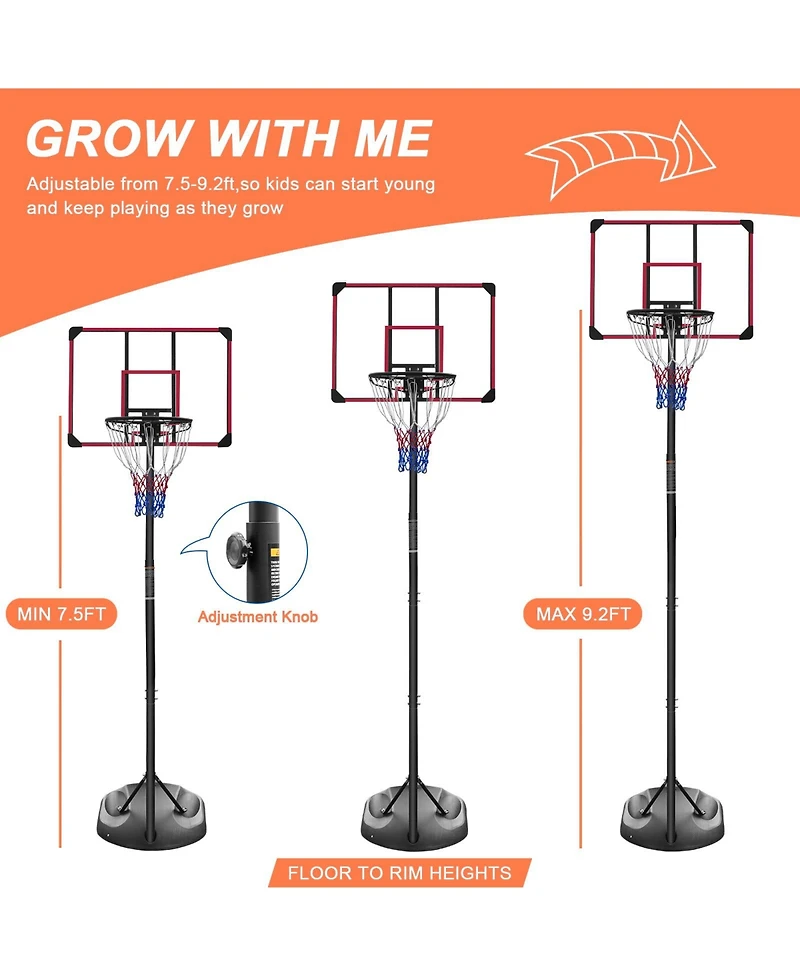 Portable Basketball Hoop System with 32-Inch Backboard, 7.5-9.2ft Height Adjustable Indoor Outdoor Basketball Goal Stand with Wheels