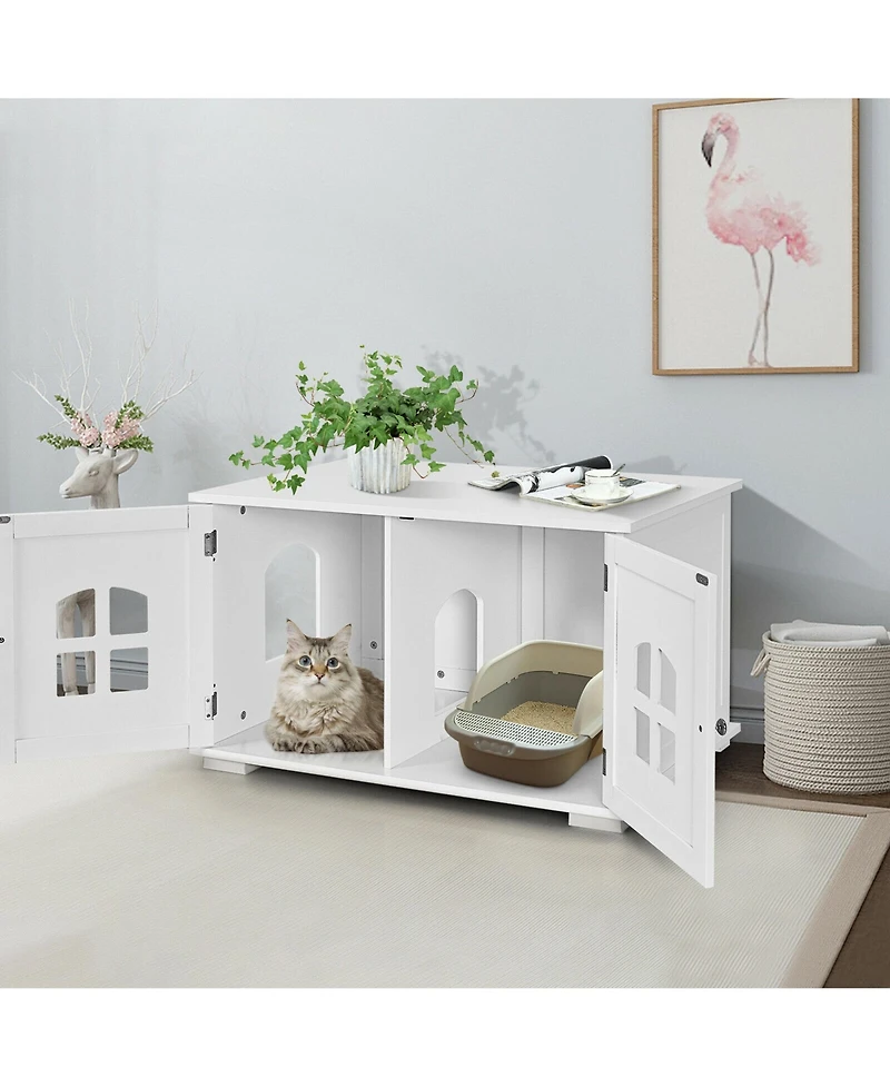 Gymax Large Wooden Cat Litter Box Enclosure Hidden Cat Washroom w/ Divider