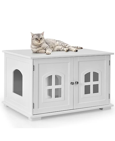 Gymax Large Wooden Cat Litter Box Enclosure Hidden Cat Washroom w/ Divider