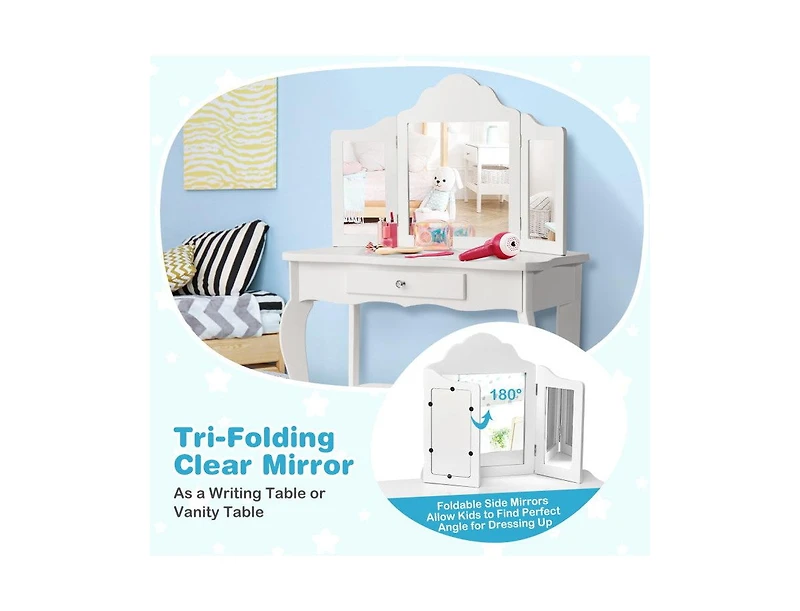 Kids Dressing Vanity Set with Detachable Tri-Folding Mirror and Stool,Pink