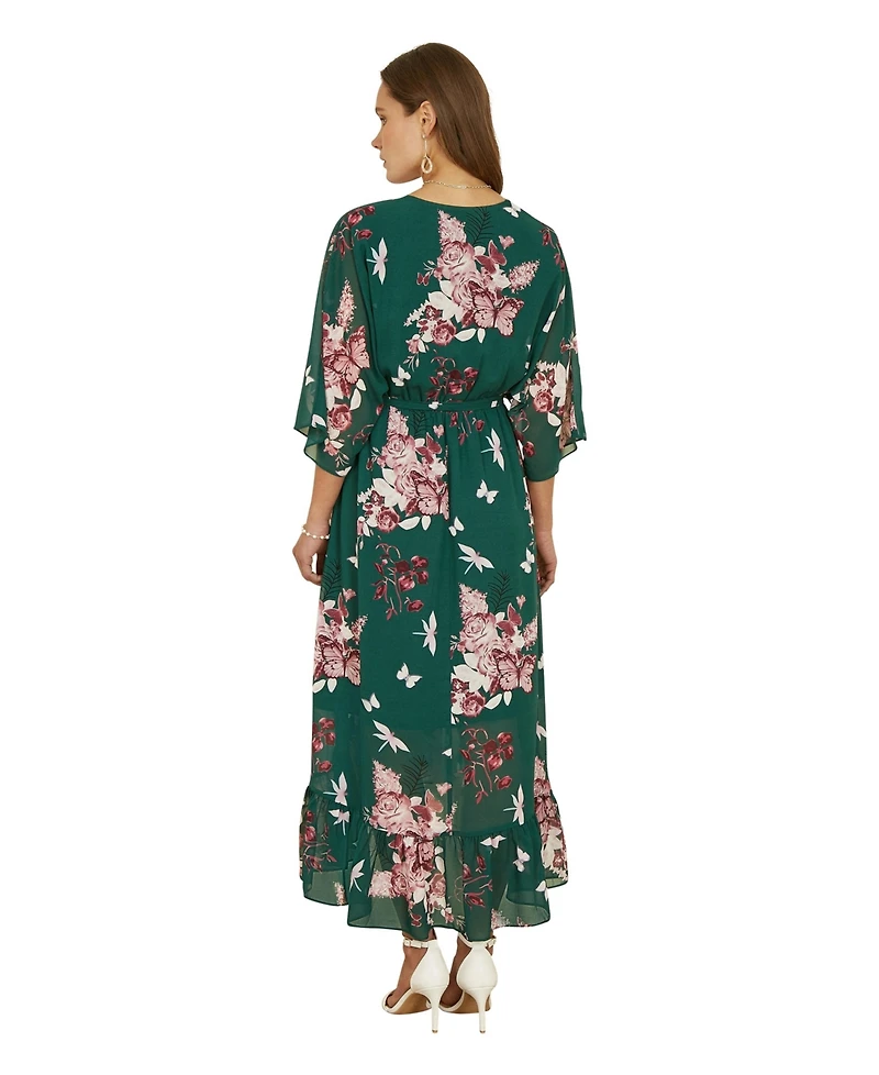 Yumi Women's Floral Kimono Dipped Hem Dress