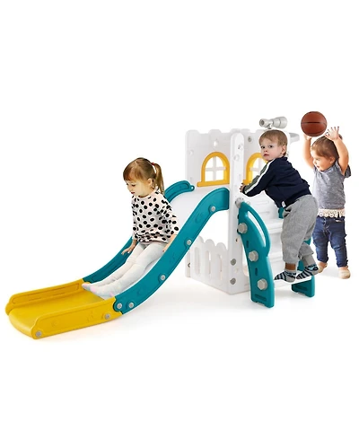6-in-1 Toddler Slide L-shaped Playground with Basketball Hoop and Ladder