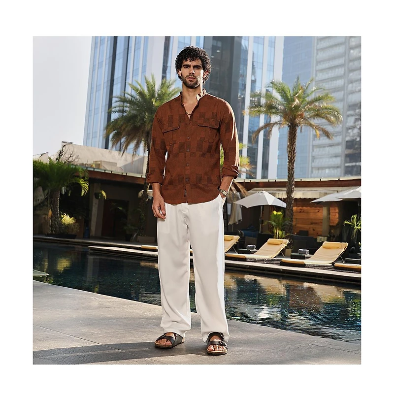 Campus Sutra Men's Russet Brown Mandarin Utility Shirt
