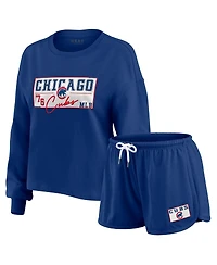 Wear by Erin Andrews Women's Royal Chicago Cubs Heavy Rugby Jersey Cropped Long Sleeve T-Shirt and Shorts Lounge Set