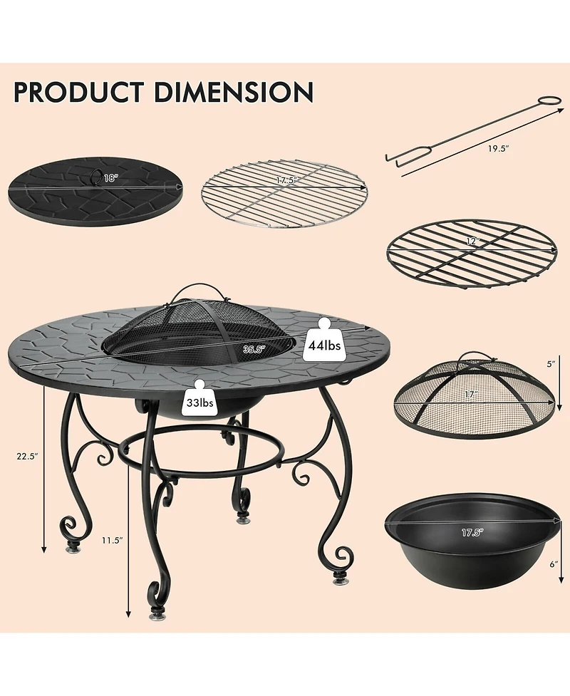 Mecale 35.5 Feet Patio Fire Pit Dining Table With Cooking Bbq Grate