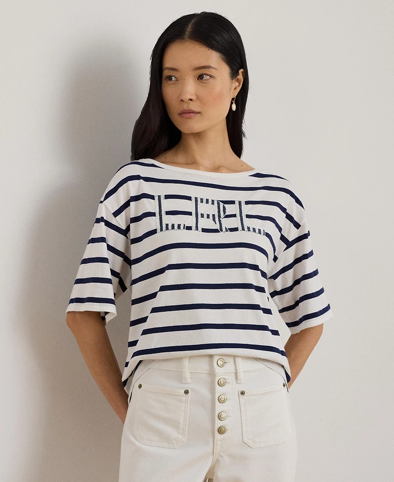 Lauren Ralph Women's Striped Beaded-Logo T-Shirt