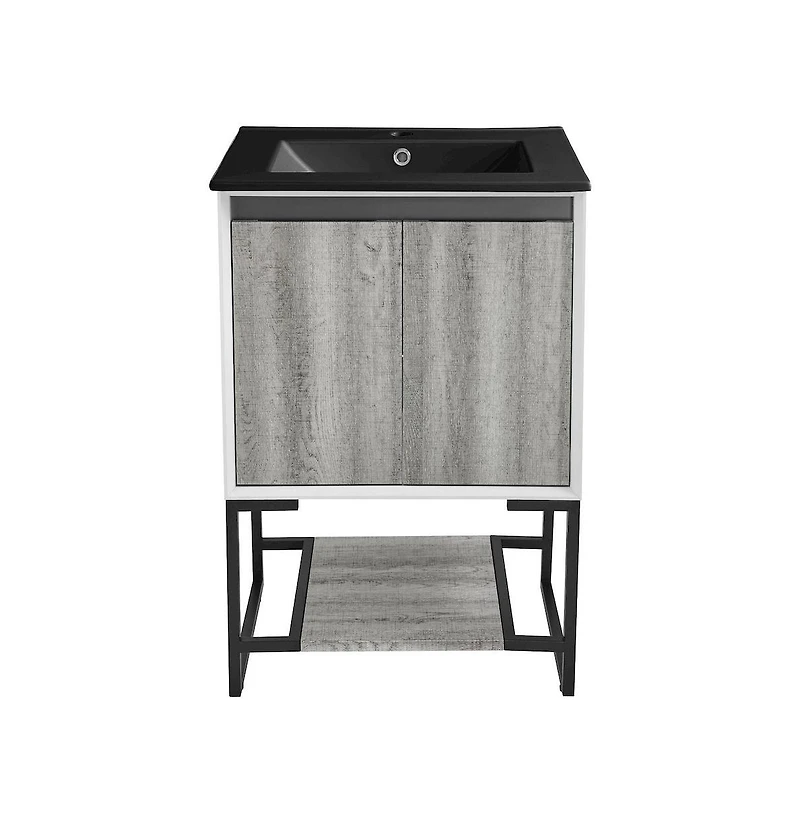 Marseille 24 in. Gray Oak Bathroom Vanity With Black Ceramic Sink Top
