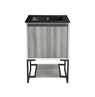 Marseille 24 in. Gray Oak Bathroom Vanity With Black Ceramic Sink Top