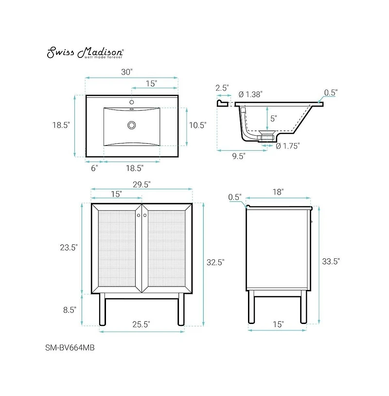 Swiss Madison Classe 30" Freestanding Bathroom Vanity in Golden Oak with Black Sink Top