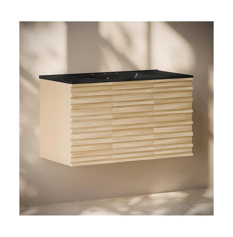 Swiss Madison36" Wall-Mounted Bathroom Vanity, Natural Oak, Black 3-Hole Widespread Sink Top