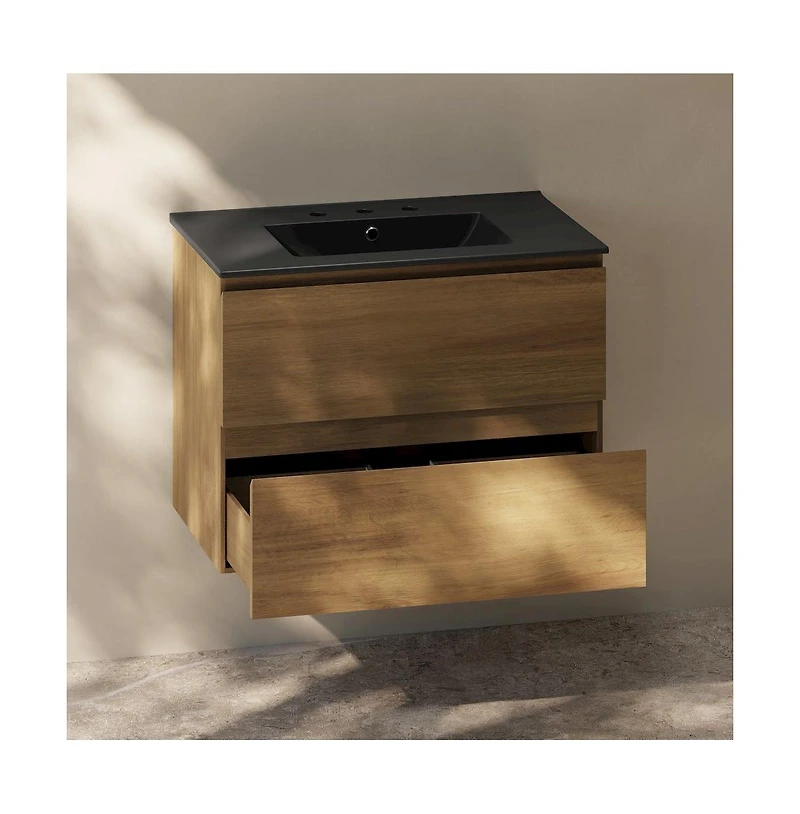 Swiss Madison 30" Wall-Mounted Bathroom Vanity in Brown Oak, Black 3-Hole Widespread Sink Top