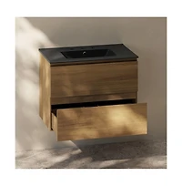 Swiss Madison 30" Wall-Mounted Bathroom Vanity in Brown Oak, Black 3-Hole Widespread Sink Top