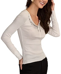 Lucky Brand Women's Embellished Long-Sleeve Henley Top