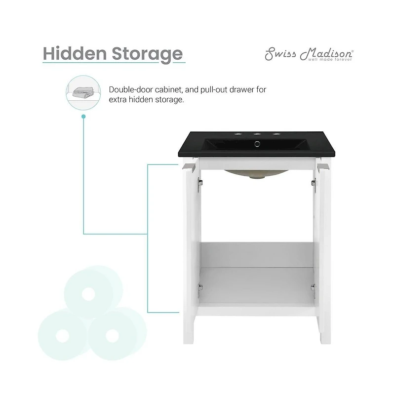 Swiss Madison Bastille 24 in. White Bathroom Vanity With Black, 3-Hole Ceramic Sink Top