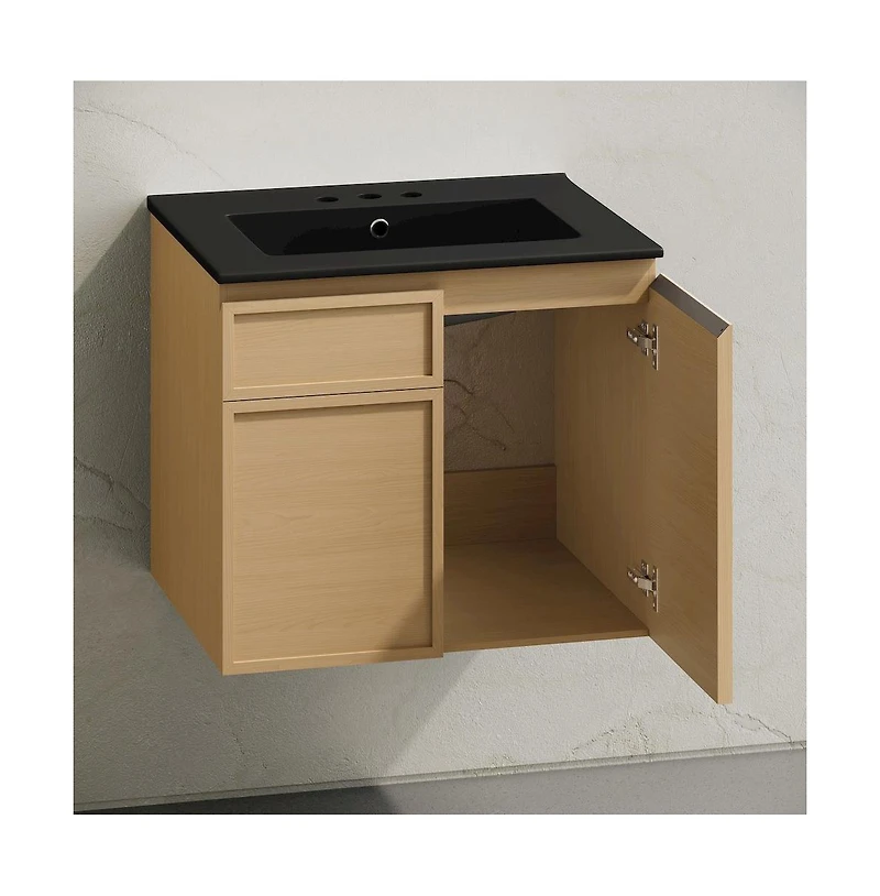Swiss Madison 24" Wall-Mounted Bathroom Vanity, Natural Oak, Black 3-Hole Widespread Sink Top