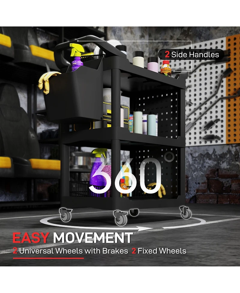 Homcom 3-Tier Rolling Tool Cart, Utility Cart with Side Shelf & Hook