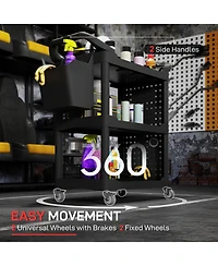 Homcom 3-Tier Rolling Tool Cart, Utility Cart with Side Shelf & Hook