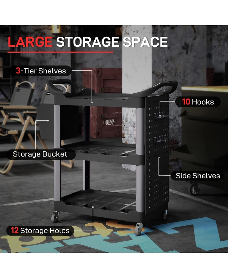 Homcom 3-Tier Rolling Tool Cart, Utility Cart with Side Shelf & Hook