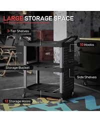 Homcom 3-Tier Rolling Tool Cart, Utility Cart with Side Shelf & Hook