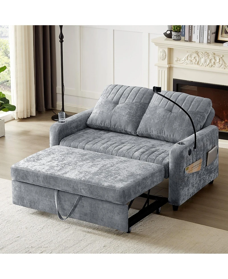 Boyel Living 53.9 Inches Modern Loveseat Pull-out Sofa Bed with Adjustable Backrest, Two Cup Holders , a Phone Holder, Three Charging Ports