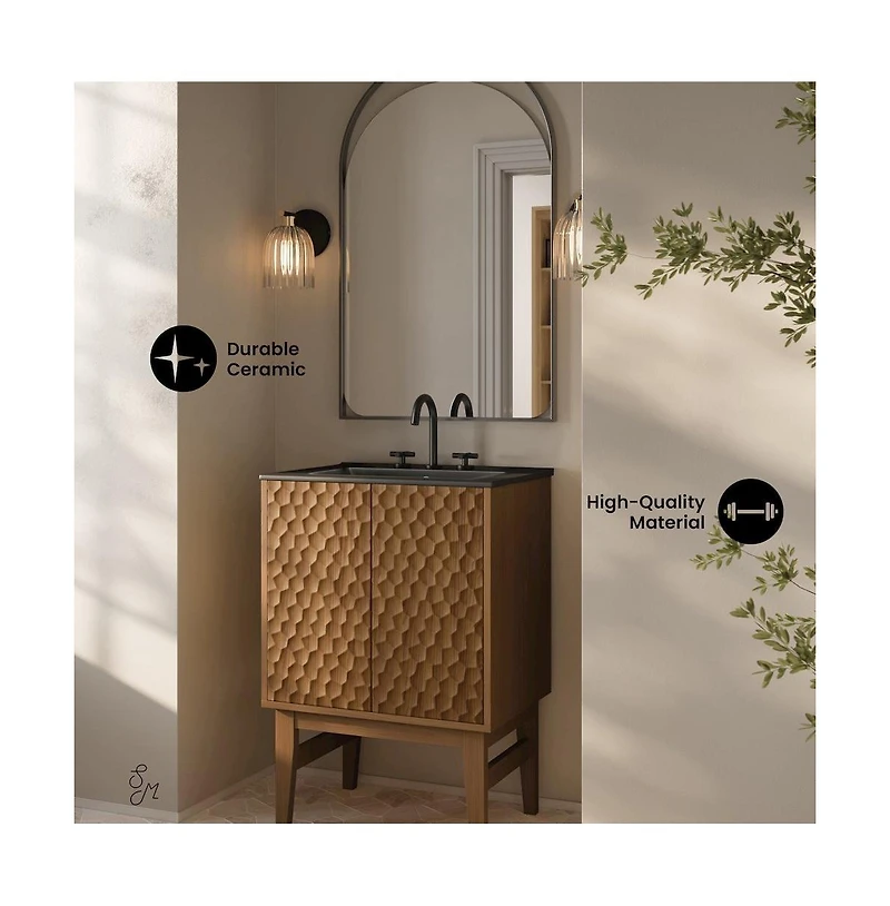 24" Freestanding Bathroom Vanity in Brown Oak, Black 3-Hole Centerset Sink Top