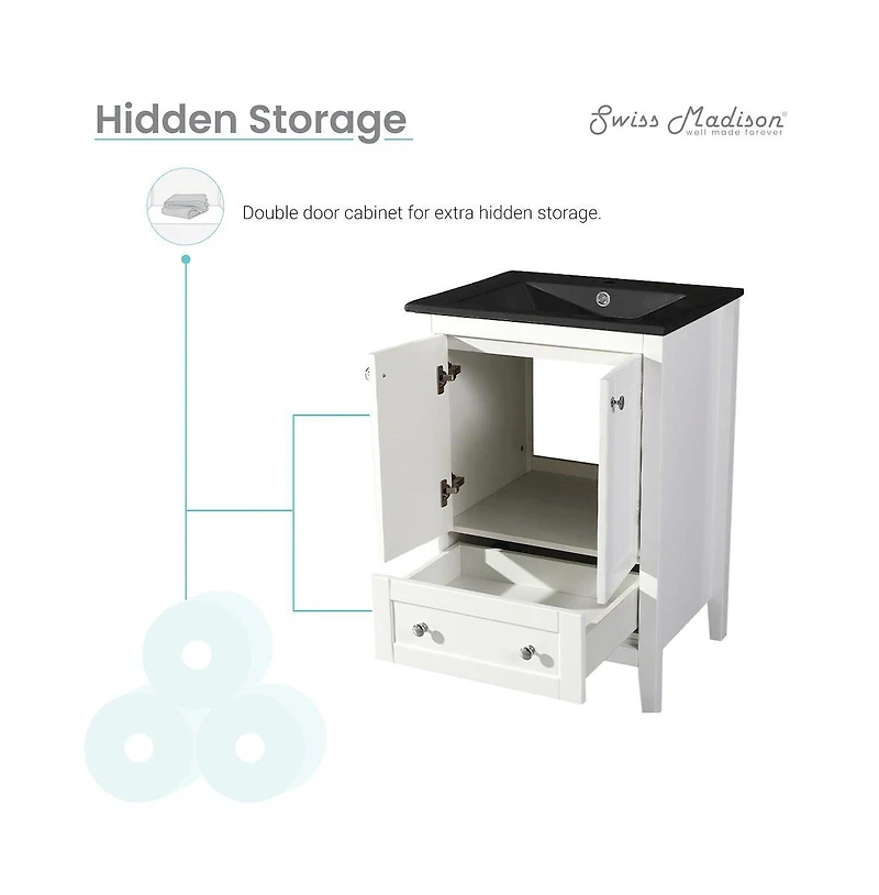 Swiss Madison Cannes in. White Bathroom Vanity With Black Ceramic Sink Top