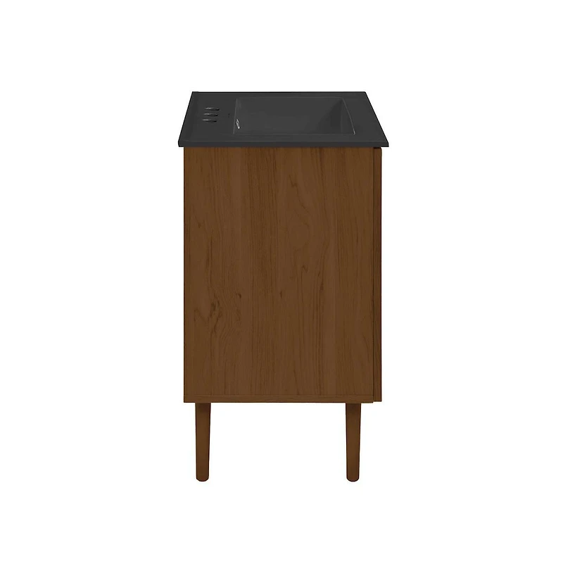 Swiss Madison 24" Freestanding Bathroom Vanity in Brown Oak, Black 3-Hole Centerset Sink Top