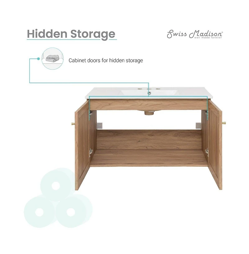 36 in. Brown Oak Wall Hung Bathroom Vanity With White, 3-Hole Ceramic Sink Top