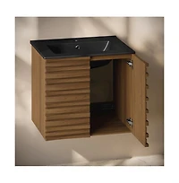 Swiss Madison Cascade 24" Wall-Mounted Bathroom Vanity in Brown Oak with Black Sink Top
