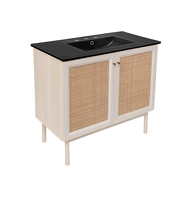 Swiss Madison 36" Freestanding Bathroom Vanity in White Oak, Black 3-Hole Widespread Sink Top
