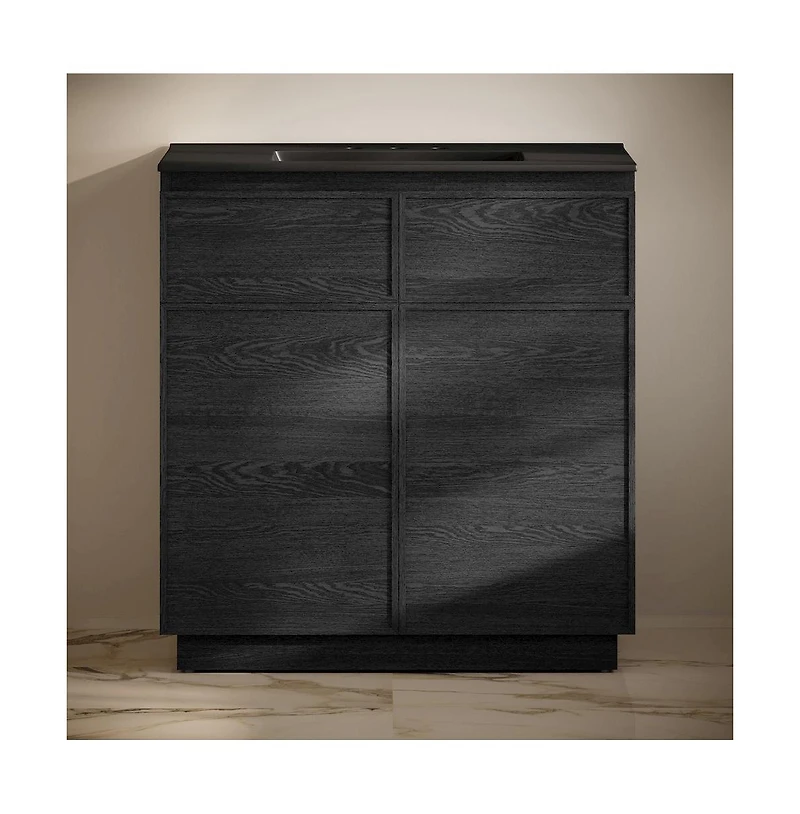 Swiss Madison36" Freestanding Bathroom Vanity in Black Oak, Black 3-Hole Widespread Sink Top