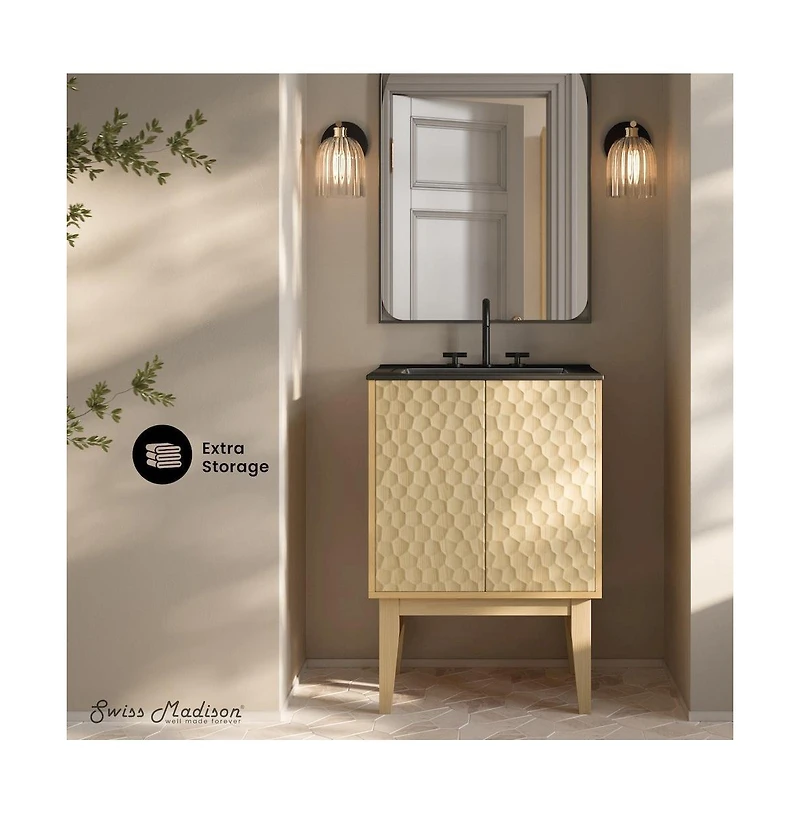 Swiss Madison 24" Freestanding Bathroom Vanity in Natural Oak, Black 3-Hole Centerset Sink Top