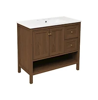 Swiss Madison 36" Freestanding Bathroom Vanity in Brown Oak with 3-Hole Widespread Sink Top