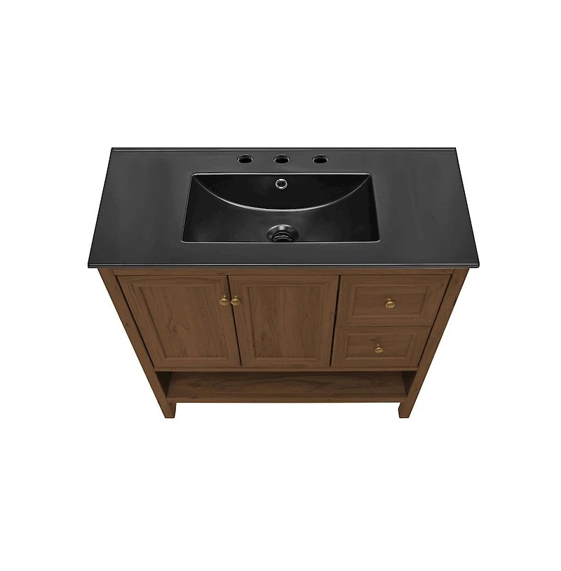 36" Freestanding Bathroom Vanity in Brown Oak, Black 3-Hole Widespread Sink Top