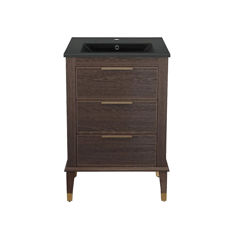 Swiss MadisonHugo 24 in. Brown Oak Bathroom Vanity With Black Ceramic Sink Top