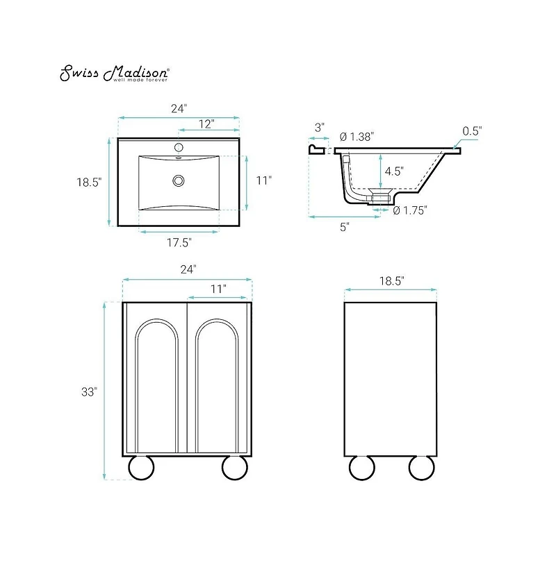 Swiss Madison Plaisir Ii 24" Freestanding Bathroom Vanity in Brown Oak with Sink Top