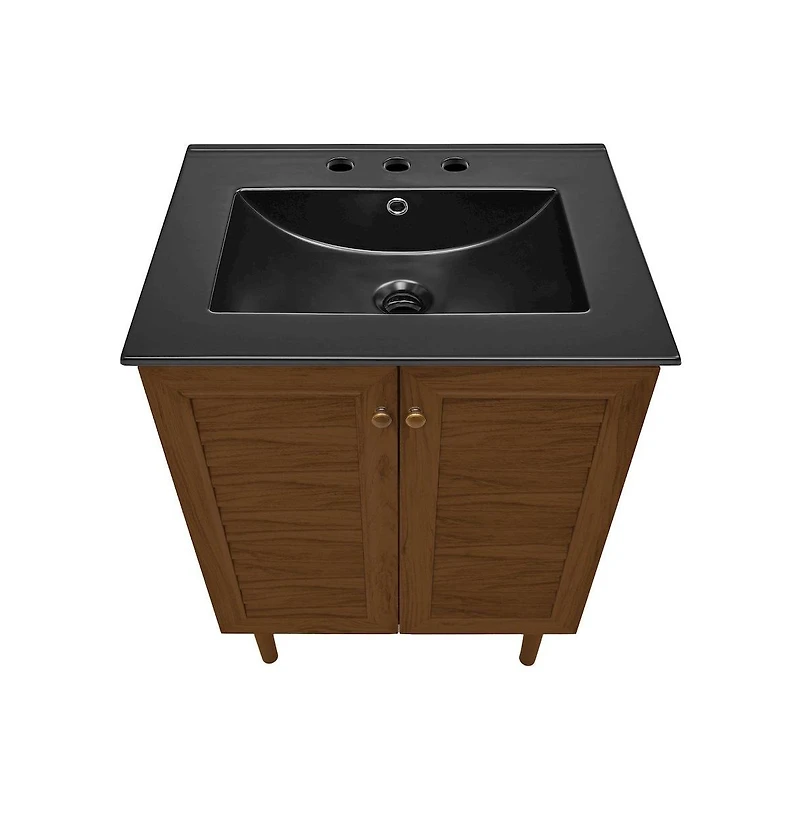 Swiss Madison 24" Freestanding Bathroom Vanity in Brown Oak, Black 3-Hole Widespread Sink Top