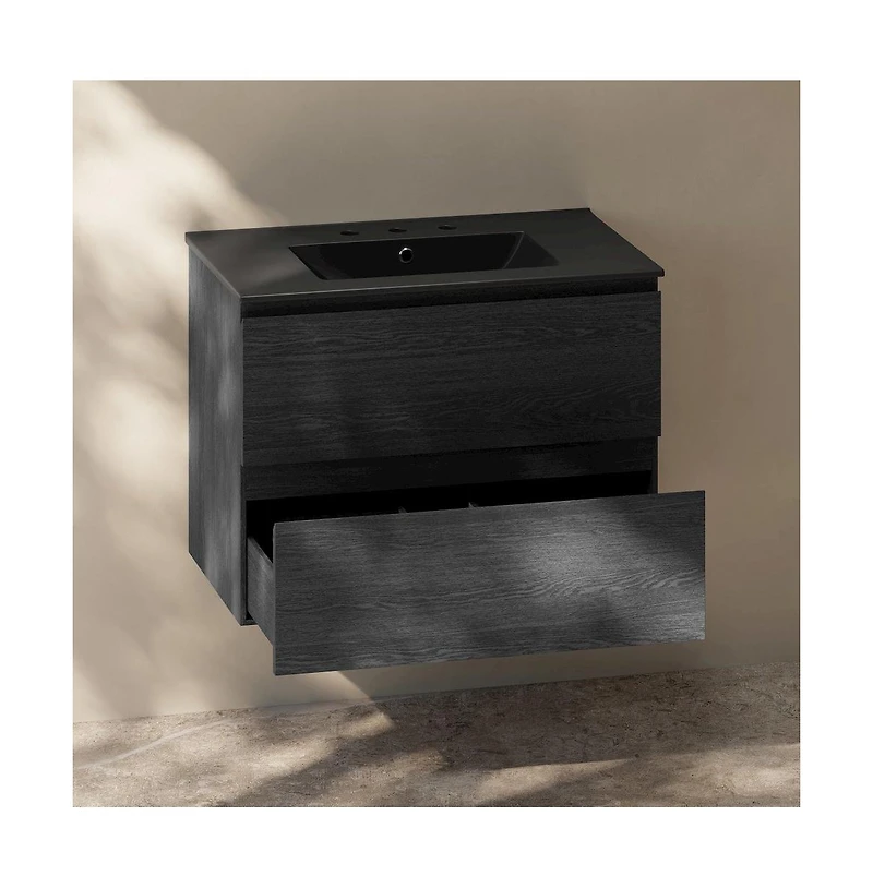 Swiss Madison 30" Wall-Mounted Bathroom Vanity in Black Oak, Black 3-Hole Widespread Sink Top