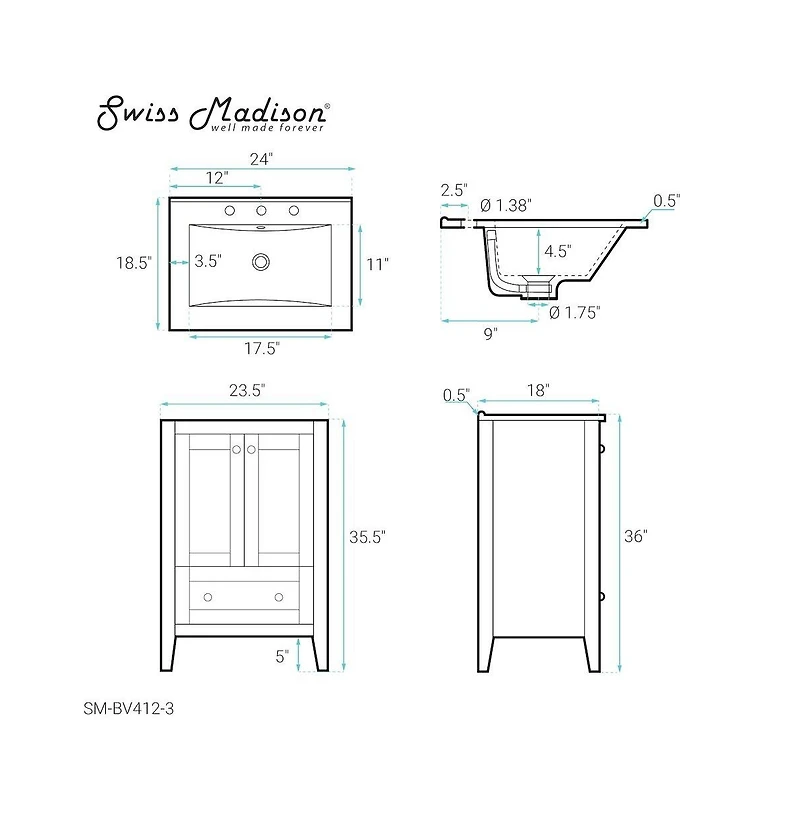 Swiss Madison Cannes 24 in. White Bathroom Vanity With White, 3-Hole Ceramic Sink Top
