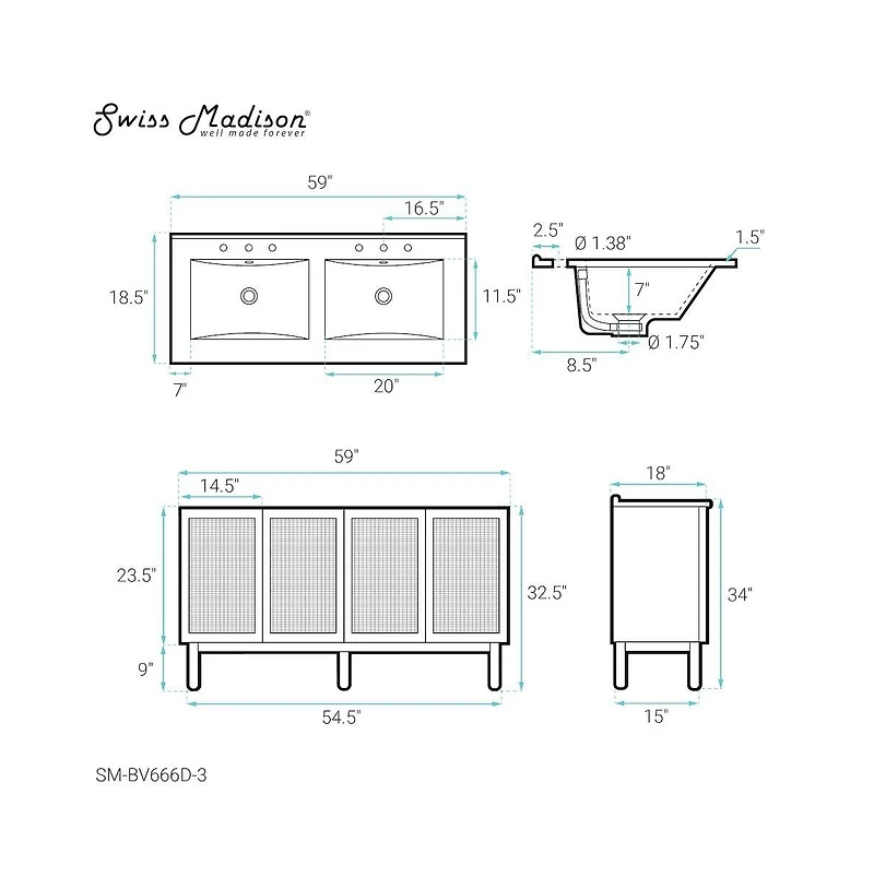 Swiss Madison 60" Freestanding Bathroom Vanity, 3-Hole Widespread Double Basin Sink Top