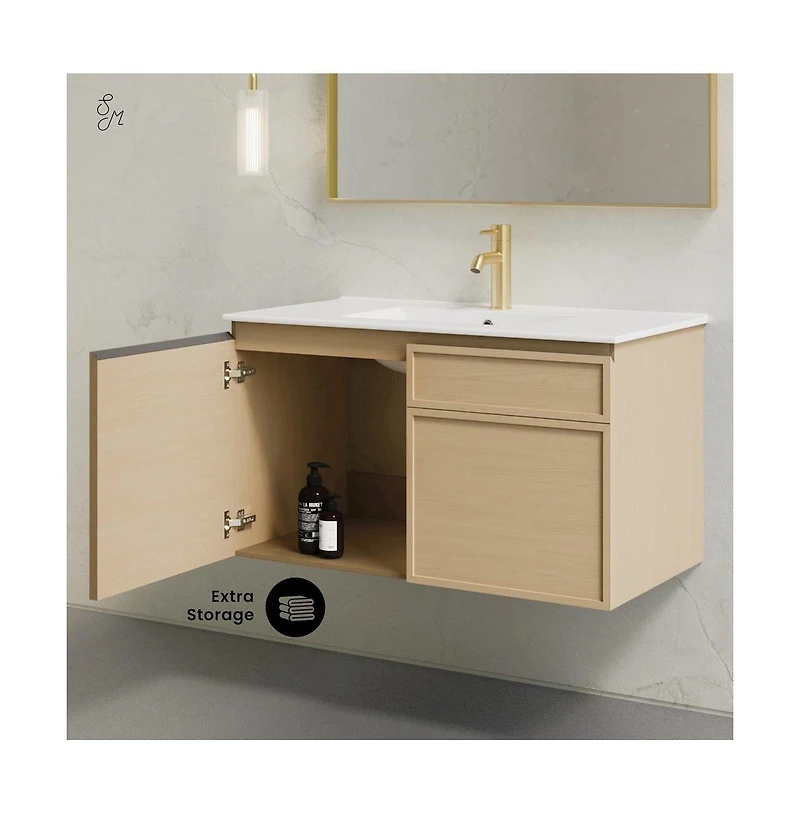 Swiss Madison St. Tropez 36" Wall-Mounted Bathroom Vanity in Natural Oak with Sink Top
