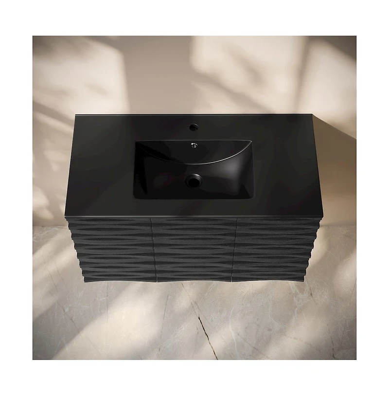 Swiss MadisonCascade 36" Wall-Mounted Bathroom Vanity in Black Oak with Black Sink Top