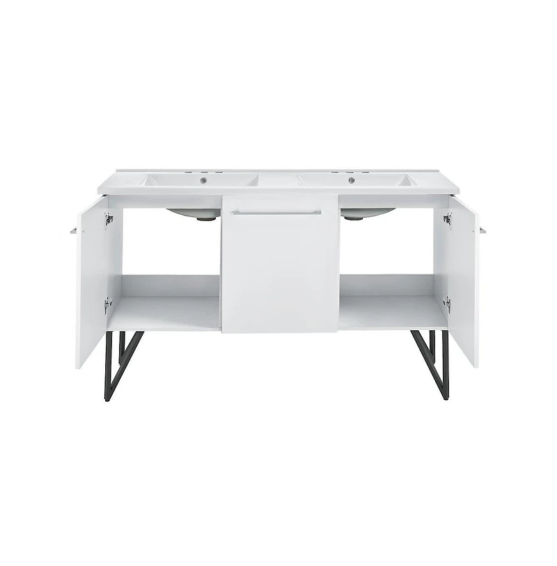 Swiss Madison60 in. White, Double Basin Bathroom Vanity, White, 3-Hole Sink Top