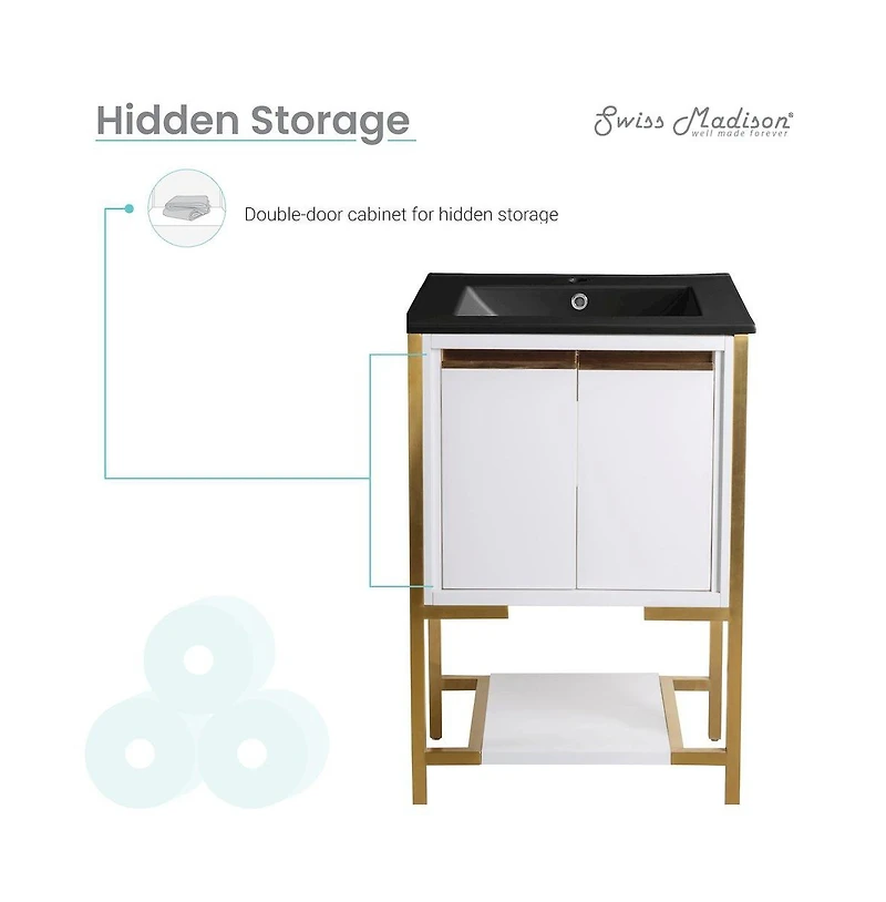 Swiss Madison Marseille 24 in. White Bathroom Vanity With Black Ceramic Sink Top