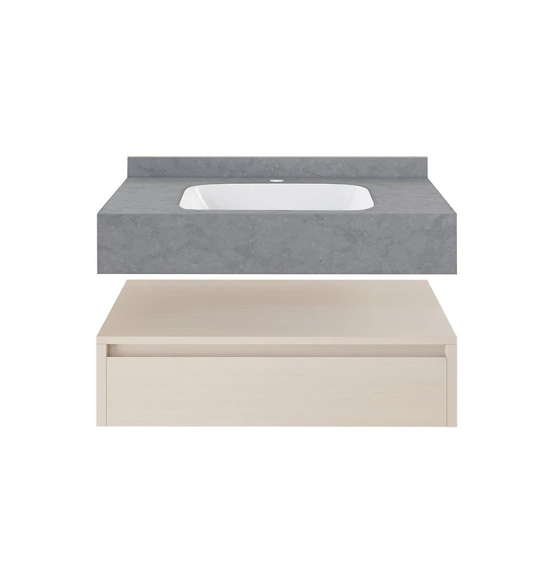 36" Wall-Mounted Bathroom Vanity in White Oak with Charcoal Gray Sink Top