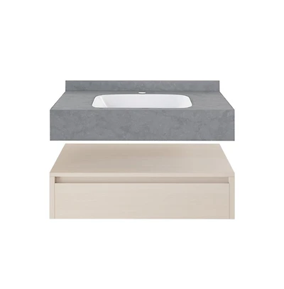 36" Wall-Mounted Bathroom Vanity in White Oak with Charcoal Gray Sink Top