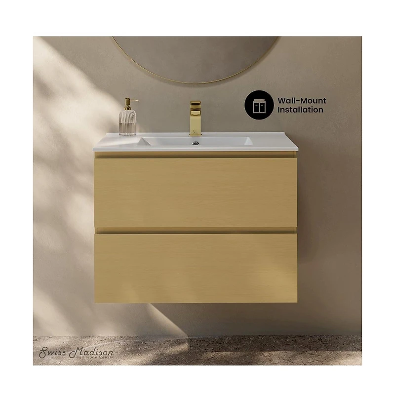 Swiss Madison Liberte 30" Wall-Mounted Bathroom Vanity in Natural Oak with Sink Top