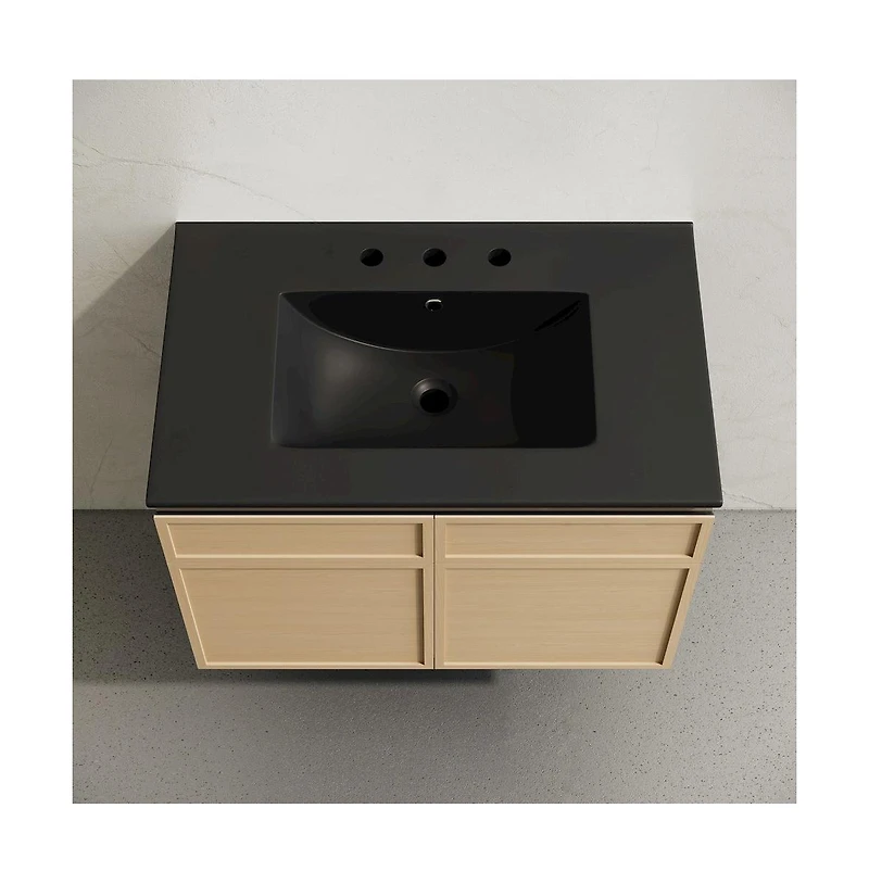 Swiss Madison 30" Wall-Mounted Bathroom Vanity, Natural Oak, Black 3-Hole Widespread Sink Top